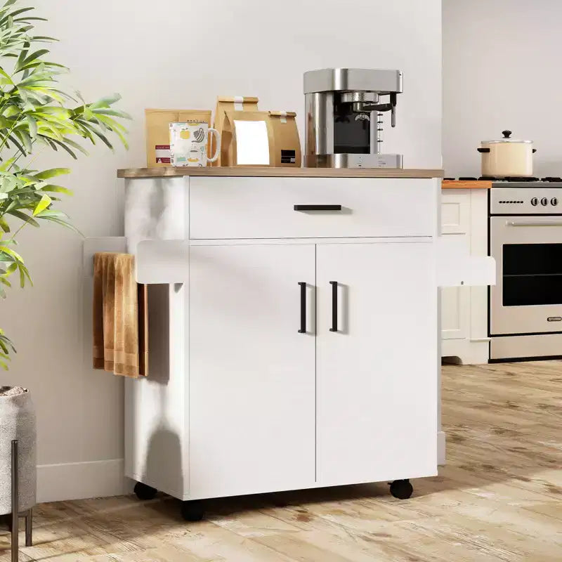 Costway Kitchen Island Cart with Drawer, 2 Doors, Spice Rack, Towel Bar, 2 Lockable Wheels White