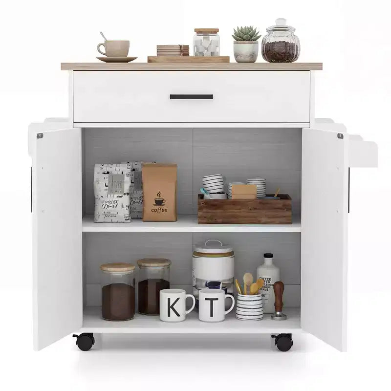 Costway Kitchen Island Cart with Drawer, 2 Doors, Spice Rack, Towel Bar, 2 Lockable Wheels White