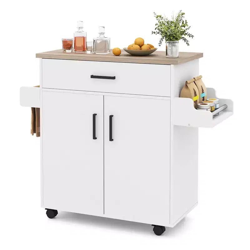 Costway Kitchen Island Cart with Drawer, 2 Doors, Spice Rack, Towel Bar, 2 Lockable Wheels White