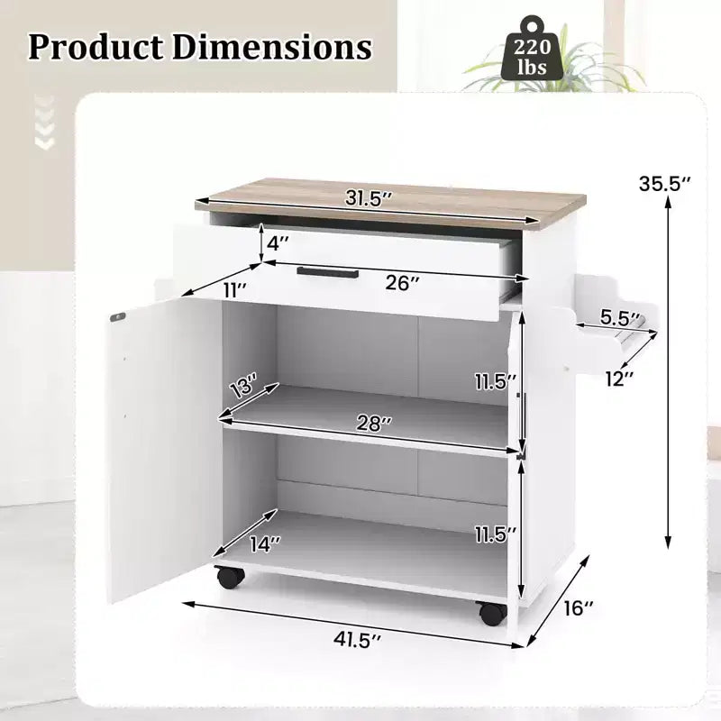 Costway Kitchen Island Cart with Drawer, 2 Doors, Spice Rack, Towel Bar, 2 Lockable Wheels White