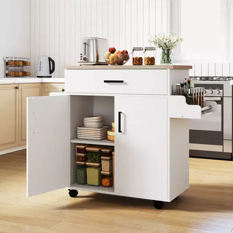 Costway Kitchen Island Cart with Drawer, 2 Doors, Spice Rack, Towel Bar, 2 Lockable Wheels White
