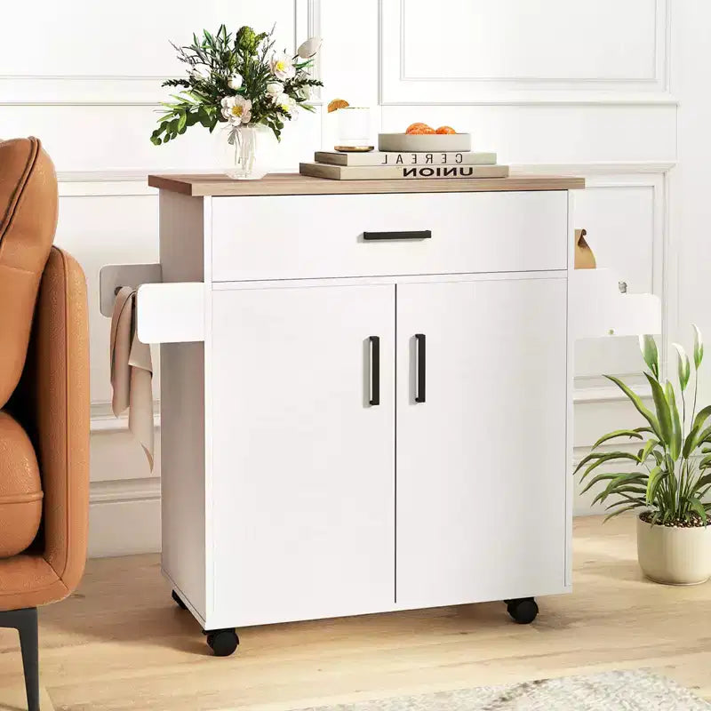 Costway Kitchen Island Cart with Drawer, 2 Doors, Spice Rack, Towel Bar, 2 Lockable Wheels White