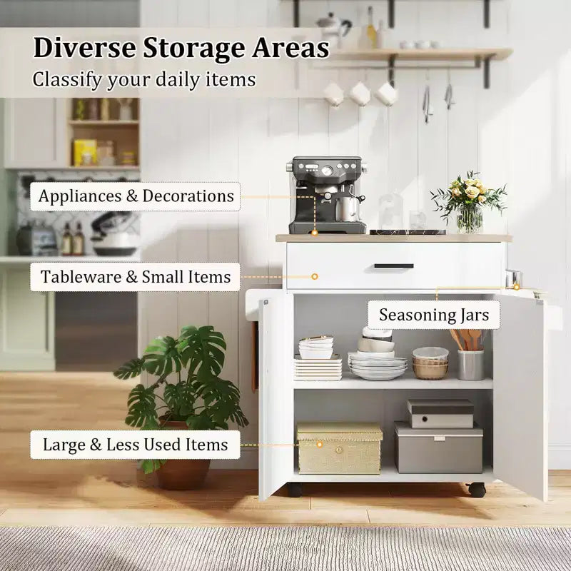 Costway Kitchen Island Cart with Drawer, 2 Doors, Spice Rack, Towel Bar, 2 Lockable Wheels White