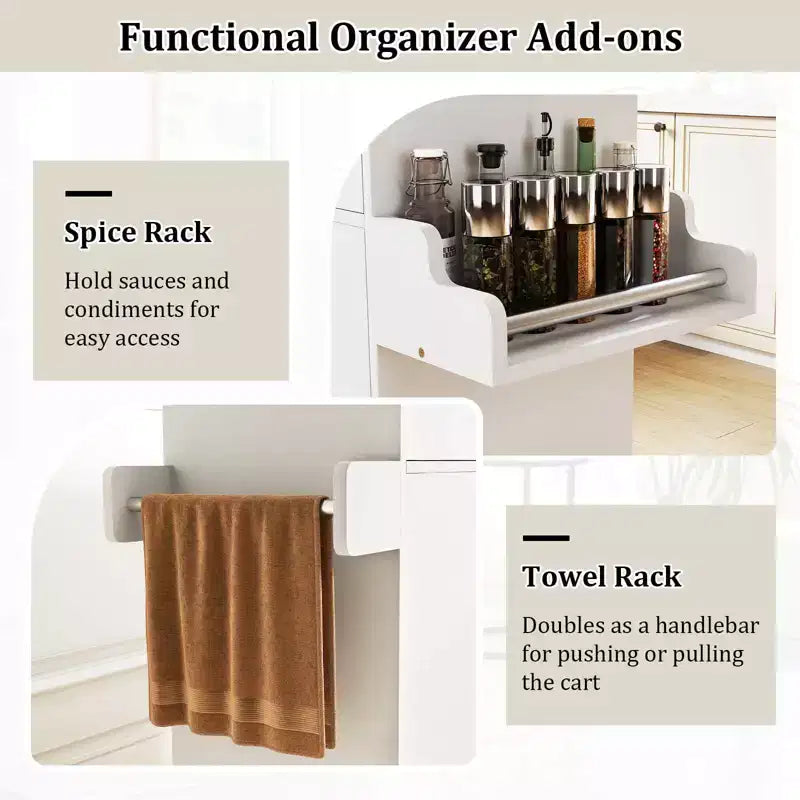 Costway Kitchen Island Cart with Drawer, 2 Doors, Spice Rack, Towel Bar, 2 Lockable Wheels White