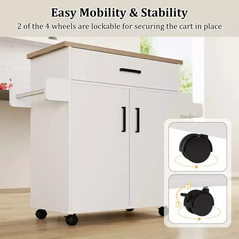 Costway Kitchen Island Cart with Drawer, 2 Doors, Spice Rack, Towel Bar, 2 Lockable Wheels White