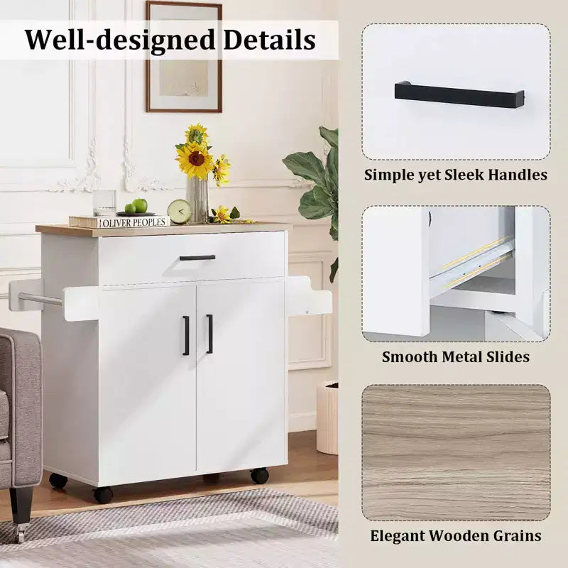 Costway Kitchen Island Cart with Drawer, 2 Doors, Spice Rack, Towel Bar, 2 Lockable Wheels White