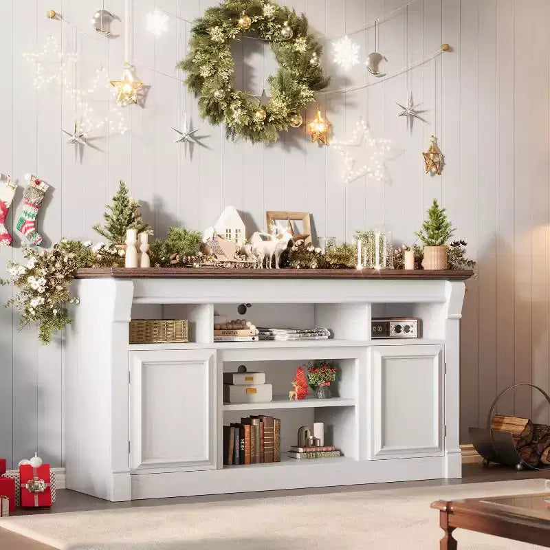 Farmhouse Fireplace TV Stand, Wooden Entertainment Center with Storage Cabinets, for Living Room, Home