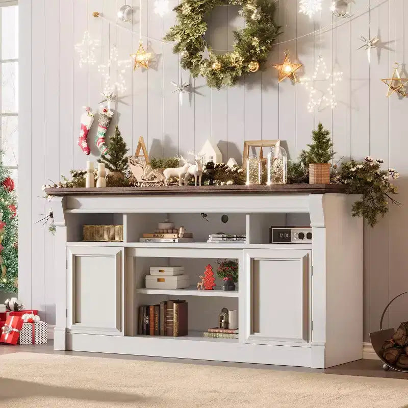 Farmhouse Fireplace TV Stand, Wooden Entertainment Center with Storage Cabinets, for Living Room, Home