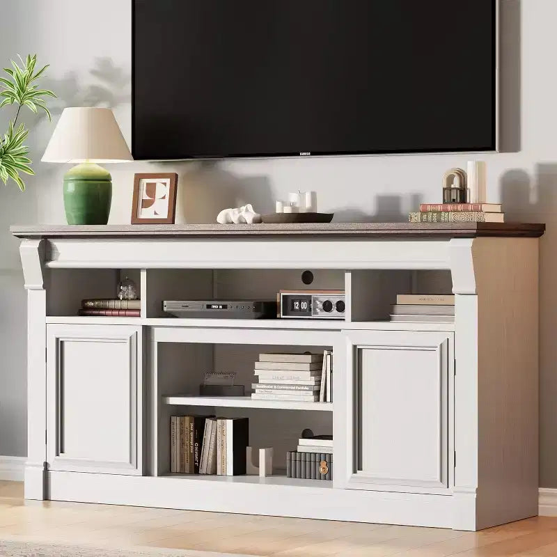 Farmhouse Fireplace TV Stand, Wooden Entertainment Center with Storage Cabinets, for Living Room, Home