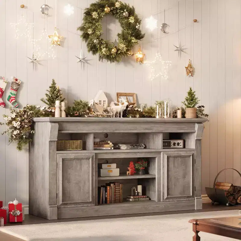 Farmhouse Fireplace TV Stand, Wooden Entertainment Center with Storage Cabinets, for Living Room, Home