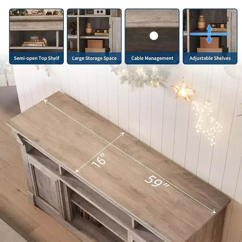 Farmhouse Fireplace TV Stand, Wooden Entertainment Center with Storage Cabinets, for Living Room, Home