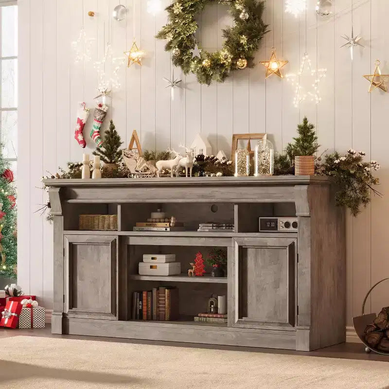 Farmhouse Fireplace TV Stand, Wooden Entertainment Center with Storage Cabinets, for Living Room, Home