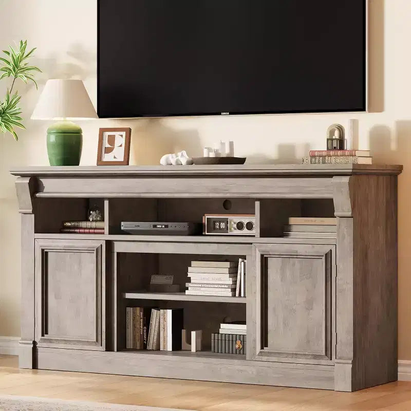 Farmhouse Fireplace TV Stand, Wooden Entertainment Center with Storage Cabinets, for Living Room, Home