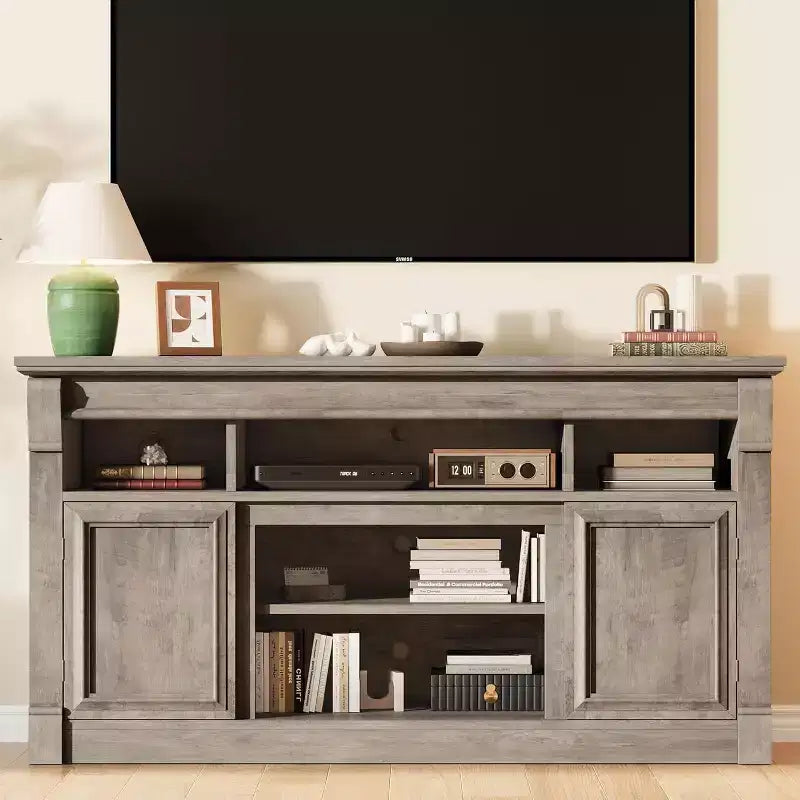 Farmhouse Fireplace TV Stand, Wooden Entertainment Center with Storage Cabinets, for Living Room, Home