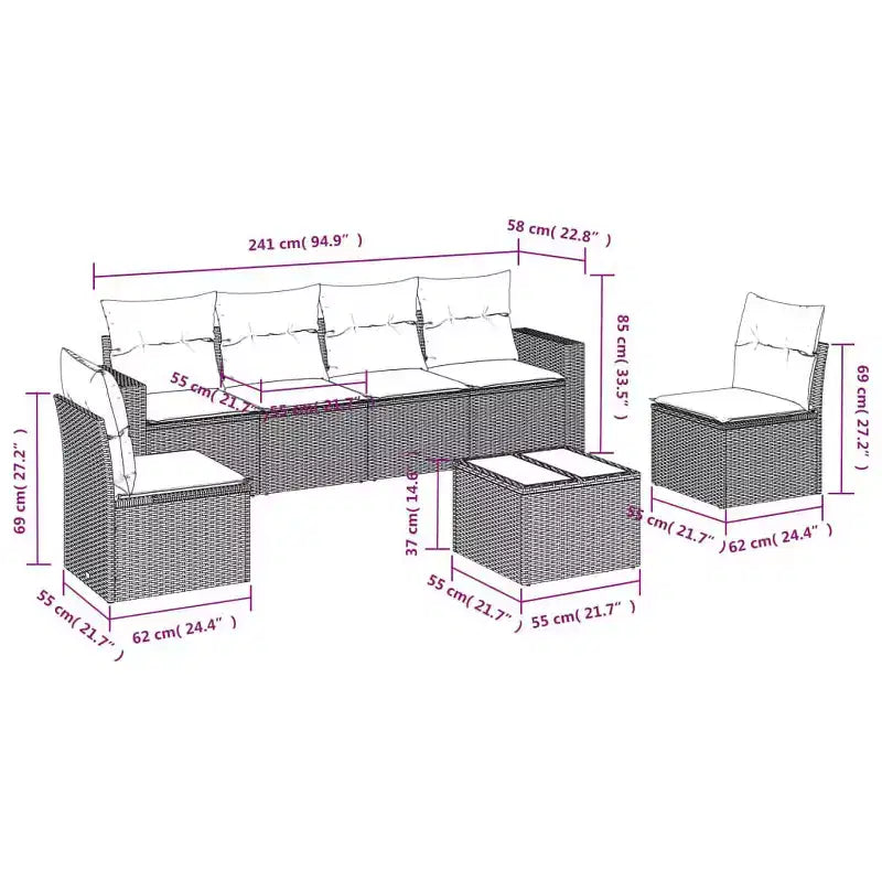 vidaXL 7 Piece Patio Sofa Set with Cushions Black Poly Rattan