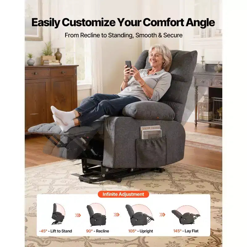 VEVOR Power Lift Recliner Chair, Large Electric Lift Chair with Heat and Massage, Infinite Position Adjustment, Chenille Fabric, Dark Gray