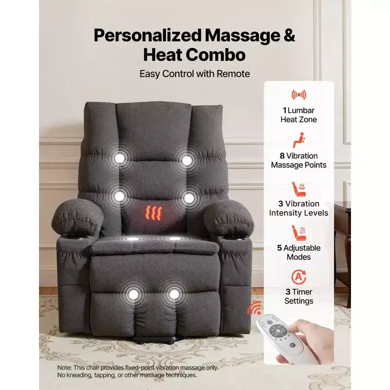VEVOR Power Lift Recliner Chair, Large Electric Lift Chair with Heat and Massage, Infinite Position Adjustment, Chenille Fabric, Dark Gray