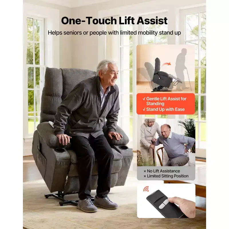 VEVOR Power Lift Recliner Chair, Large Electric Lift Chair with Heat and Massage, Infinite Position Adjustment, Chenille Fabric, Dark Gray