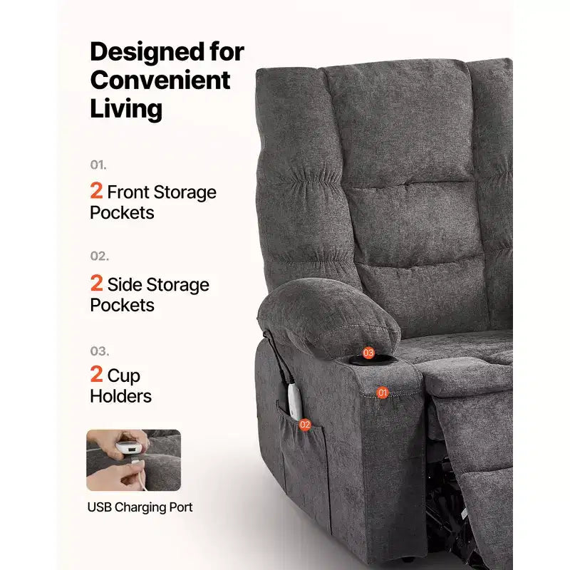 VEVOR Power Lift Recliner Chair, Large Electric Lift Chair with Heat and Massage, Infinite Position Adjustment, Chenille Fabric, Dark Gray