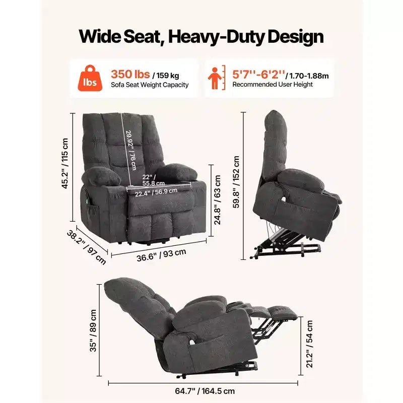 VEVOR Power Lift Recliner Chair, Large Electric Lift Chair with Heat and Massage, Infinite Position Adjustment, Chenille Fabric, Dark Gray