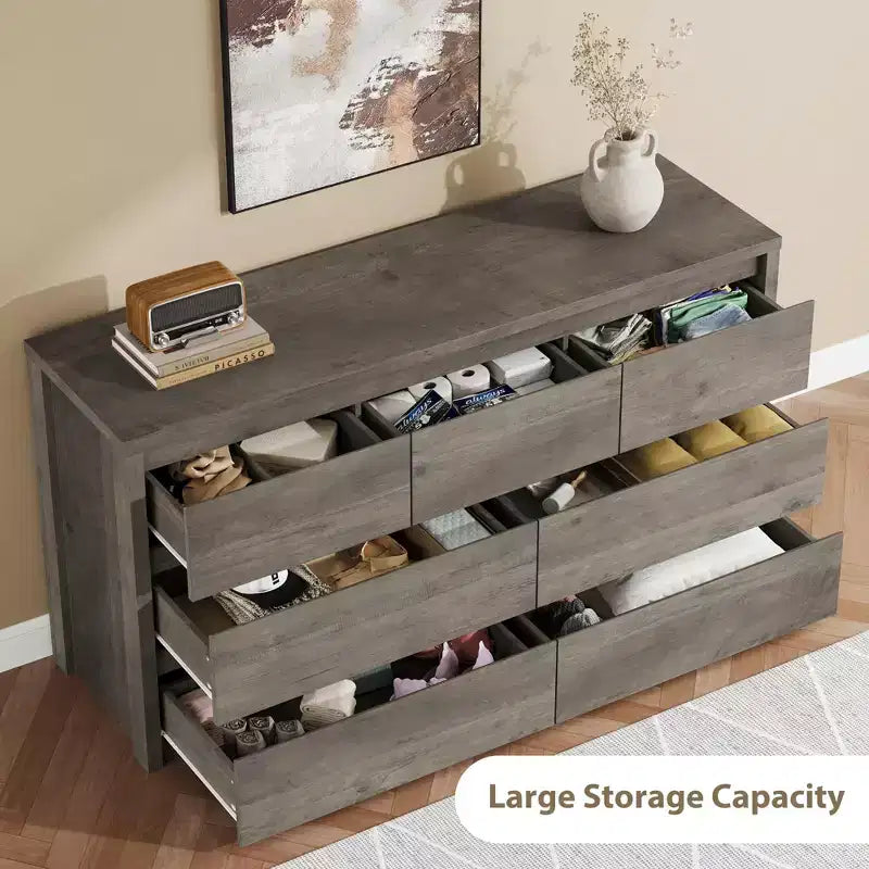 Wide Modern 7-Drawer Dresser for Bedroom, Large Wooden Chest of Drawers with Storage Organizer for Living Room, Hallway & Entryway