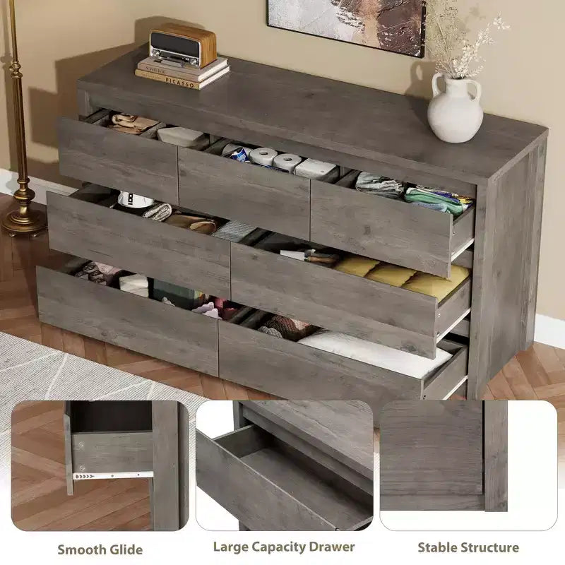 Wide Modern 7-Drawer Dresser for Bedroom, Large Wooden Chest of Drawers with Storage Organizer for Living Room, Hallway & Entryway
