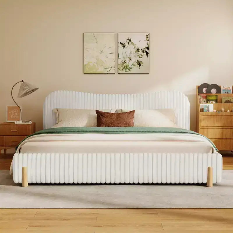 White Plush Upholstered Bed Frame with Wavy Headboard, Vertical Stitching and Warm Wood Legs for Elegant Contemporary Bedrooms, King