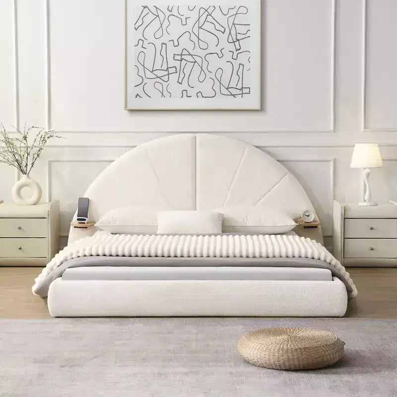 White Plush Upholstered Bed Frame with Wavy Headboard, Vertical Stitching and Warm Wood Legs for Elegant Contemporary Bedrooms, King