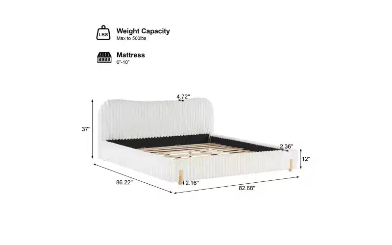 White Plush Upholstered Bed Frame with Wavy Headboard, Vertical Stitching and Warm Wood Legs for Elegant Contemporary Bedrooms, King
