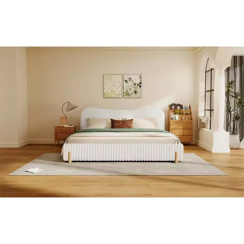 White Plush Upholstered Bed Frame with Wavy Headboard, Vertical Stitching and Warm Wood Legs for Elegant Contemporary Bedrooms, King