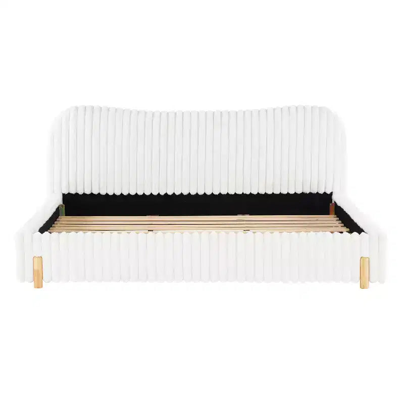 White Plush Upholstered Bed Frame with Wavy Headboard, Vertical Stitching and Warm Wood Legs for Elegant Contemporary Bedrooms, King