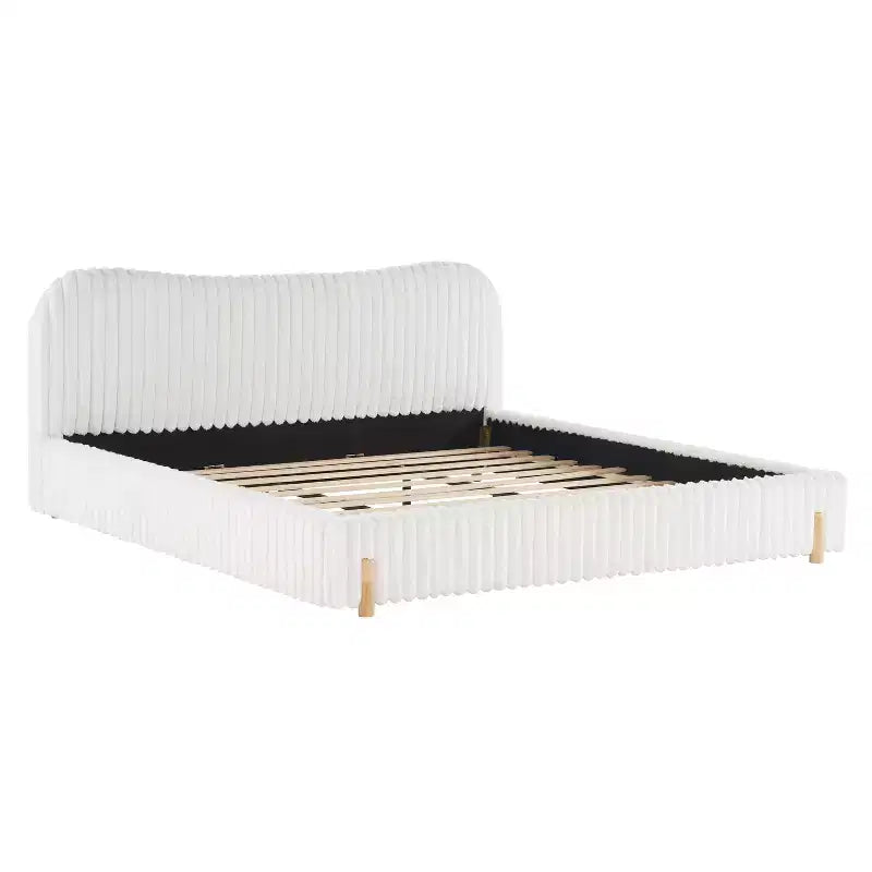 White Plush Upholstered Bed Frame with Wavy Headboard, Vertical Stitching and Warm Wood Legs for Elegant Contemporary Bedrooms, King