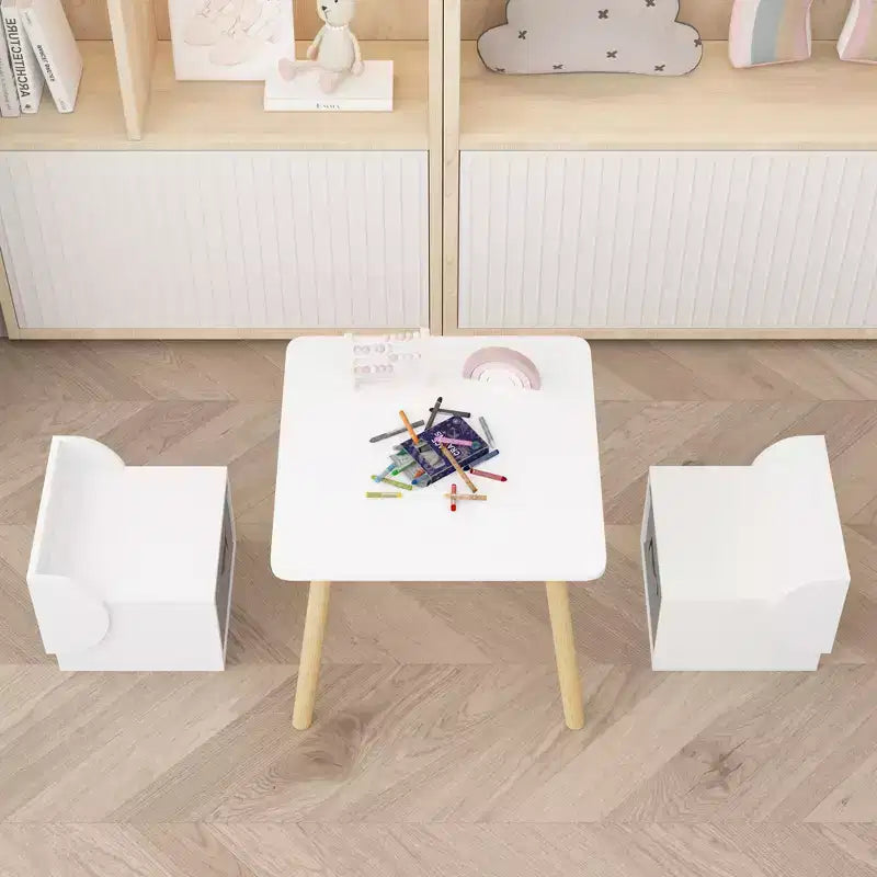 Kids Table and 2 Chair Set with Storage Bins, 3-Piece Toddler Activity Table for Crafts, Reading and Play, White & Natural