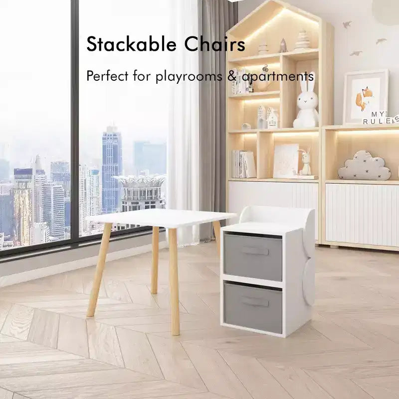 Kids Table and 2 Chair Set with Storage Bins, 3-Piece Toddler Activity Table for Crafts, Reading and Play, White & Natural