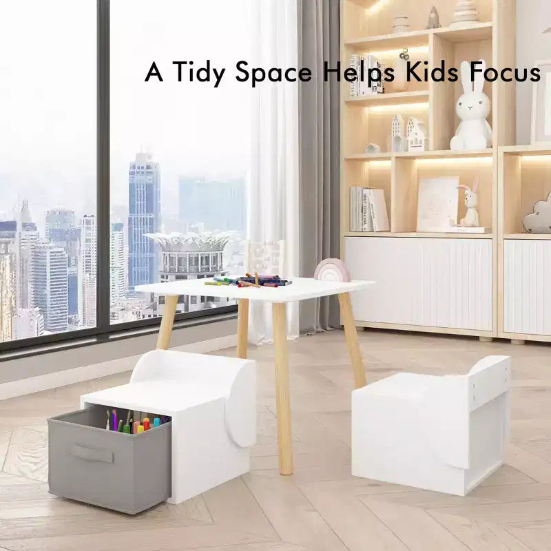 Kids Table and 2 Chair Set with Storage Bins, 3-Piece Toddler Activity Table for Crafts, Reading and Play, White & Natural