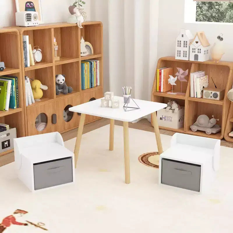 Kids Table and 2 Chair Set with Storage Bins, 3-Piece Toddler Activity Table for Crafts, Reading and Play, White & Natural