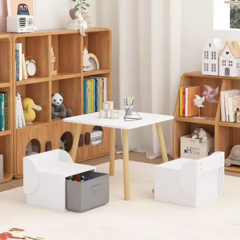 Kids Table and 2 Chair Set with Storage Bins, 3-Piece Toddler Activity Table for Crafts, Reading and Play, White & Natural