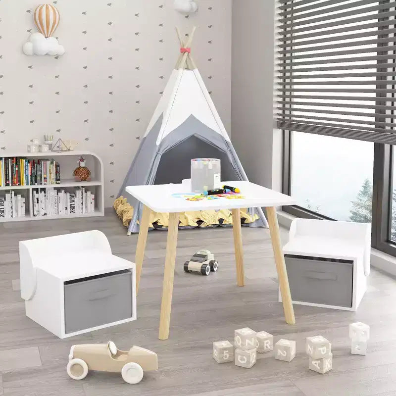 Kids Table and 2 Chair Set with Storage Bins, 3-Piece Toddler Activity Table for Crafts, Reading and Play, White & Natural
