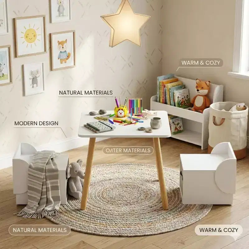Kids Table and 2 Chair Set with Storage Bins, 3-Piece Toddler Activity Table for Crafts, Reading and Play, White & Natural