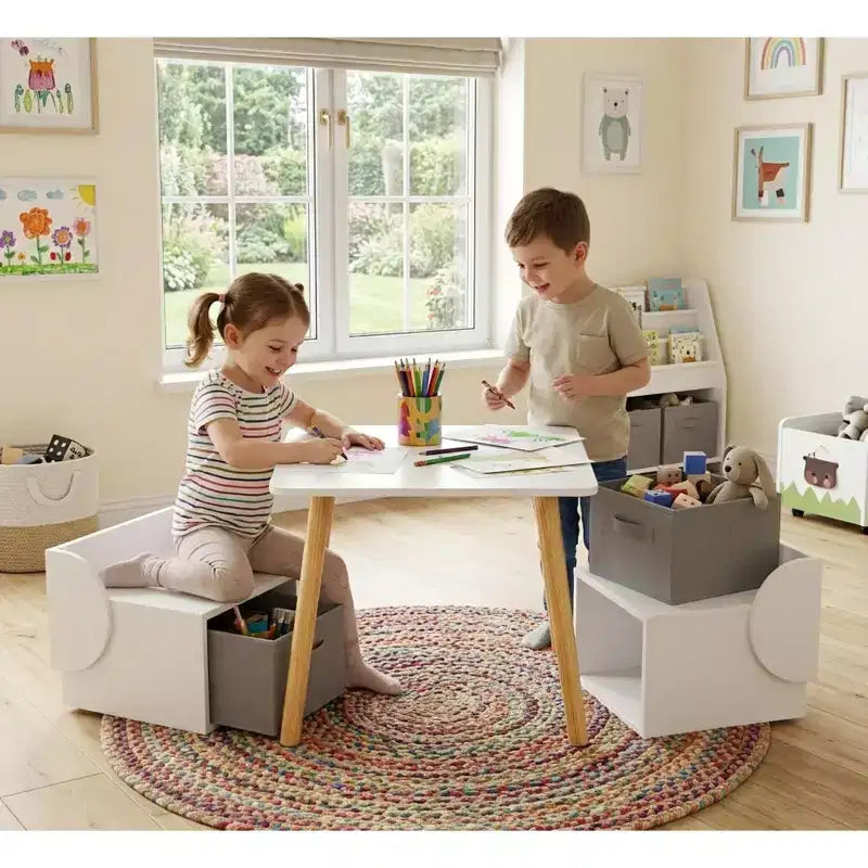 Kids Table and 2 Chair Set with Storage Bins, 3-Piece Toddler Activity Table for Crafts, Reading and Play, White & Natural