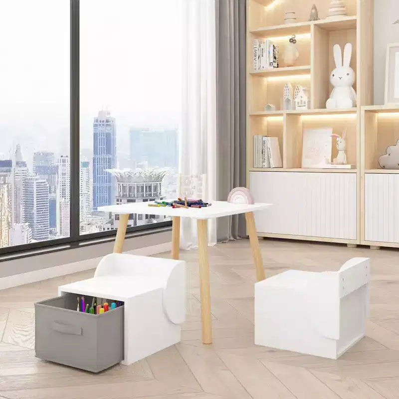 Kids Table and 2 Chair Set with Storage Bins, 3-Piece Toddler Activity Table for Crafts, Reading and Play, White & Natural