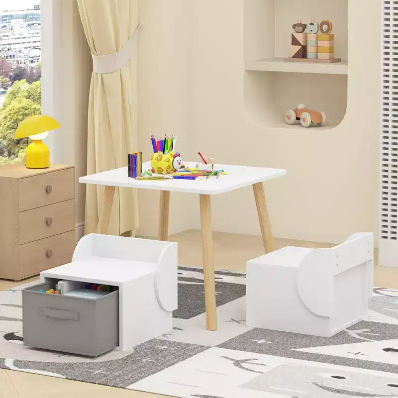 Kids Table and 2 Chair Set with Storage Bins, 3-Piece Toddler Activity Table for Crafts, Reading and Play, White & Natural