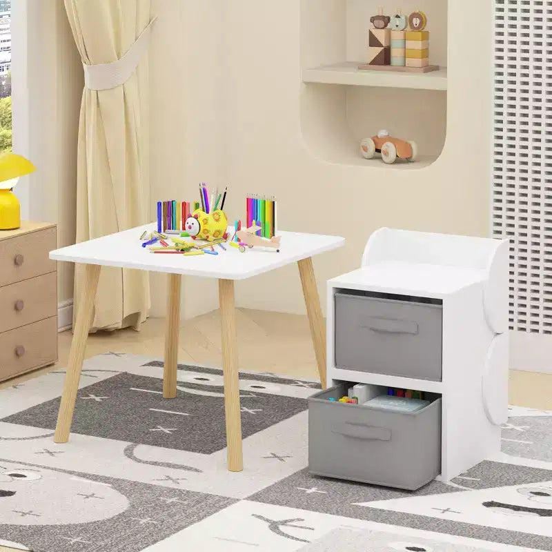 Kids Table and 2 Chair Set with Storage Bins, 3-Piece Toddler Activity Table for Crafts, Reading and Play, White & Natural