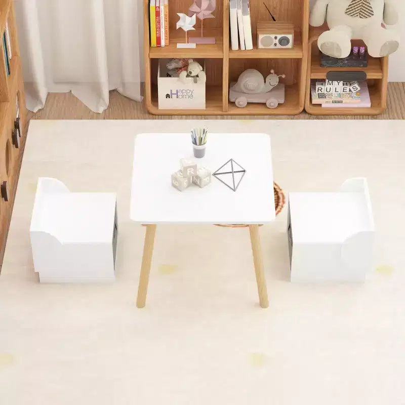 Kids Table and 2 Chair Set with Storage Bins, 3-Piece Toddler Activity Table for Crafts, Reading and Play, White & Natural