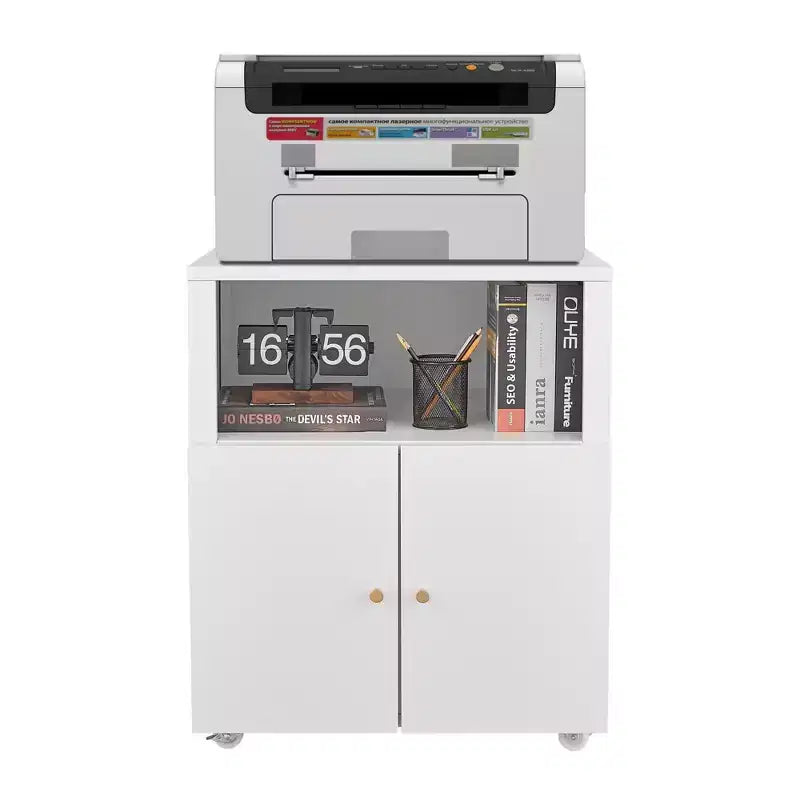 COZONY Metal Printer Cabinet with Wheels and Storage Shelf, 28.9 Rolling Printer Stand with Cabinet Storage for Home Office, White