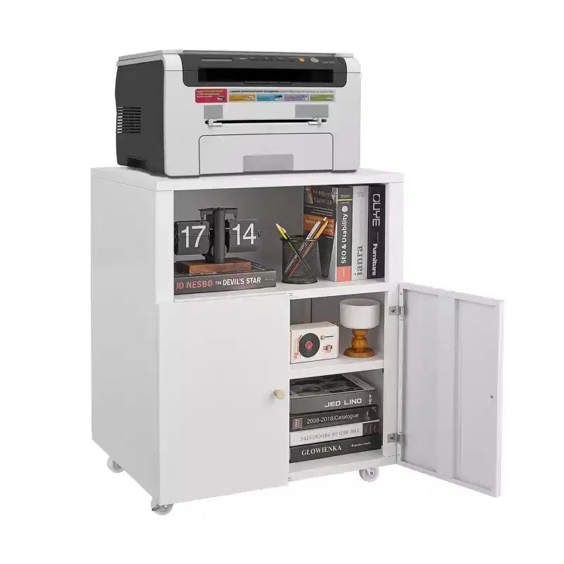 COZONY Metal Printer Cabinet with Wheels and Storage Shelf, 28.9 Rolling Printer Stand with Cabinet Storage for Home Office, White