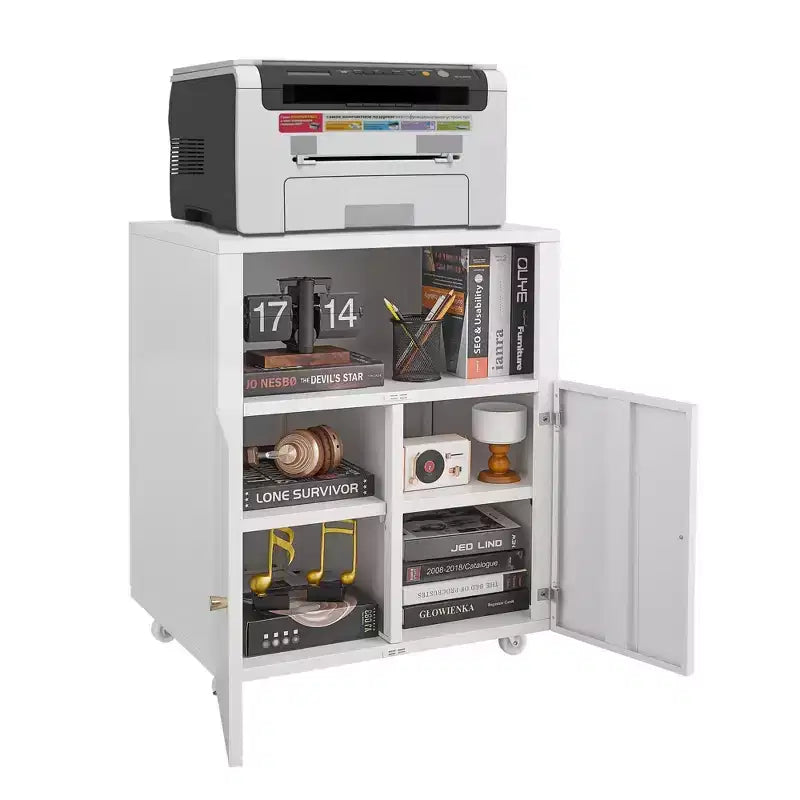 COZONY Metal Printer Cabinet with Wheels and Storage Shelf, 28.9 Rolling Printer Stand with Cabinet Storage for Home Office, White