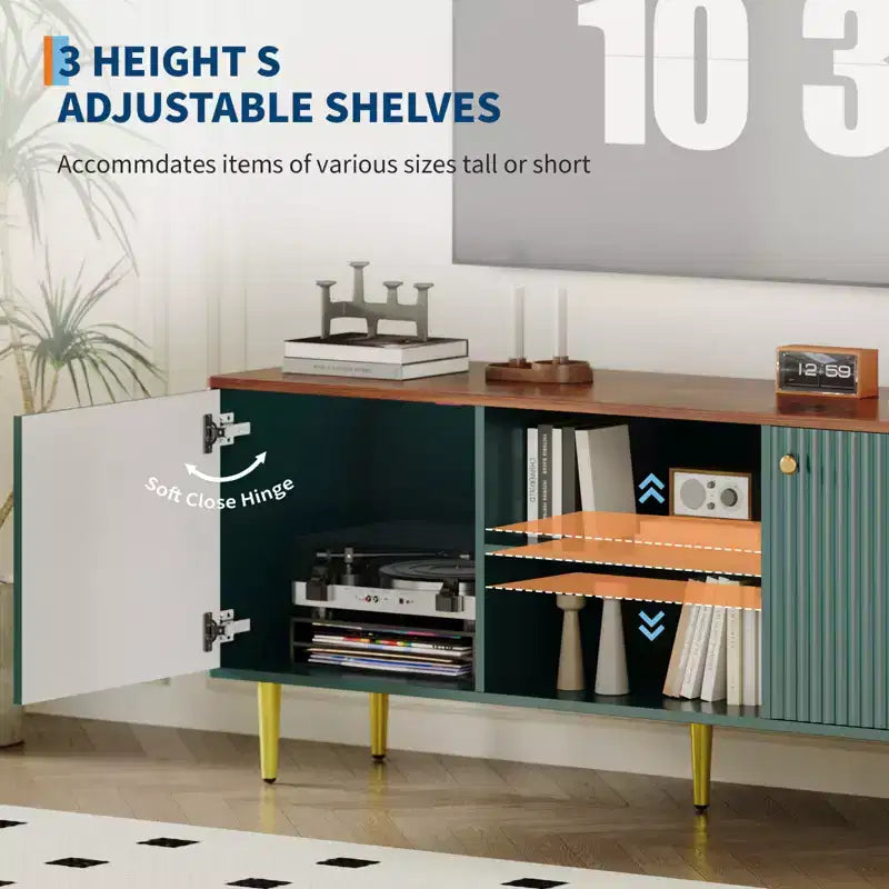 55 Fluted TV Stand, 2 Doors, Adjustable Shelves, Mid Century Modern Entertainment Center, for Bedroom, Living Room