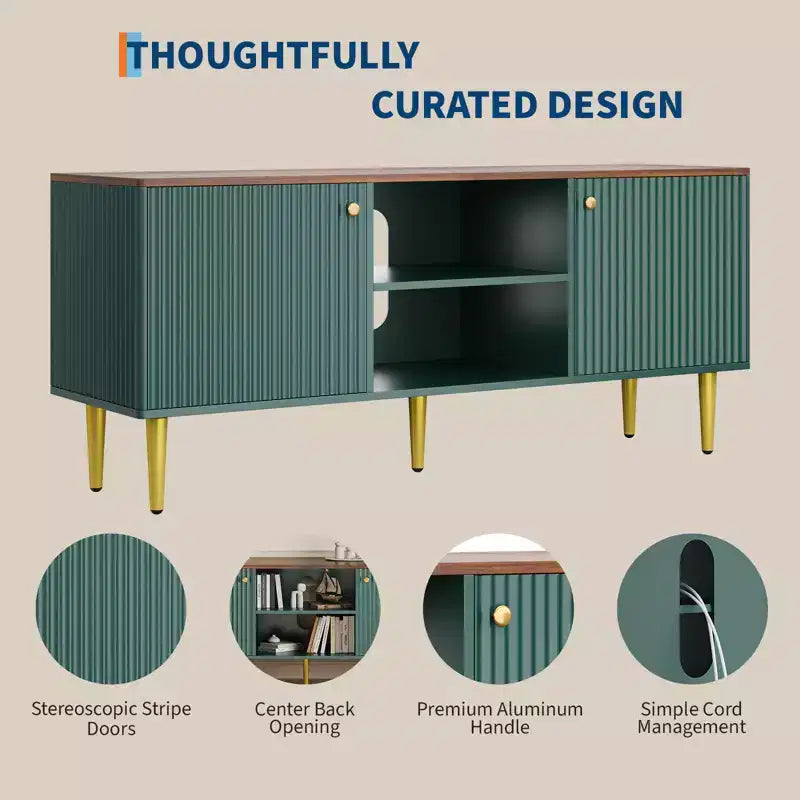 55 Fluted TV Stand, 2 Doors, Adjustable Shelves, Mid Century Modern Entertainment Center, for Bedroom, Living Room