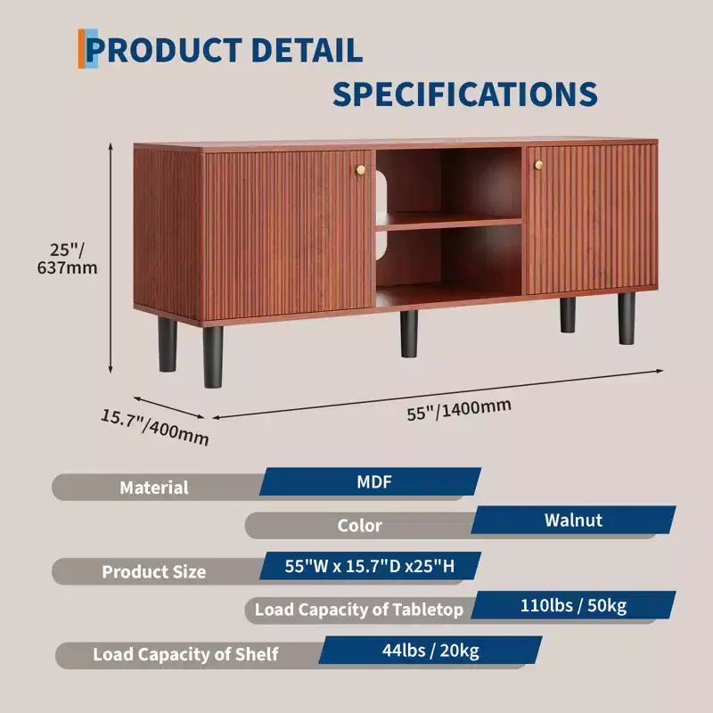 55 Fluted TV Stand, 2 Doors, Adjustable Shelves, Mid Century Modern Entertainment Center, for Bedroom, Living Room